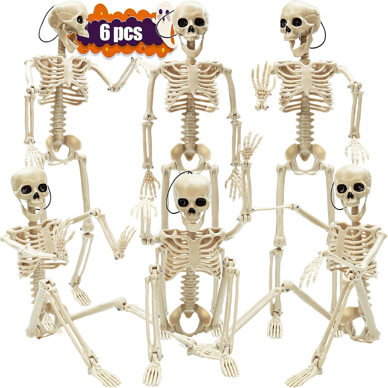 6 Packs Posable Halloween Skeleton, 16" Full Body Skeleton Decor